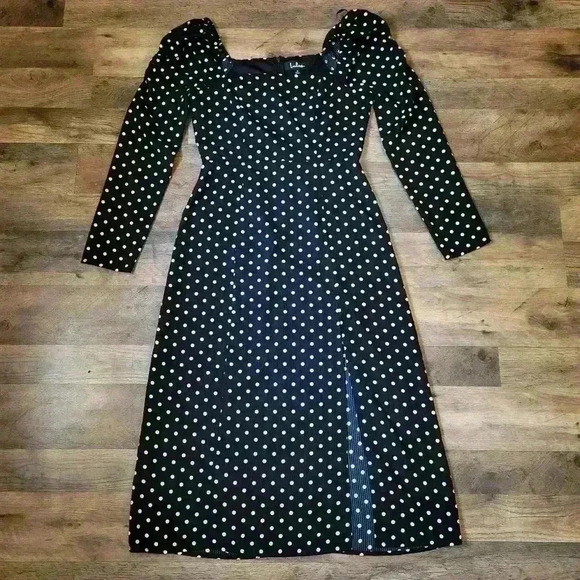 Lulus Black+White Polkadot Dress with Leg Slit Size Small - Picture 1 of 9
